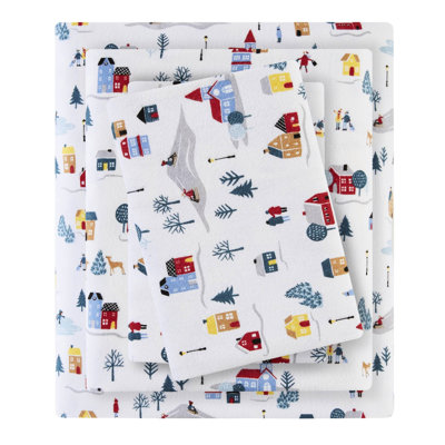 Grand drap, 4 pièces 100% flanelle de coton, imprimé blanc village, doux au toucher, drap plat, taies ajustées et taies d'oreiller, élastique sans substances nocives, confortable, lavable à la machine