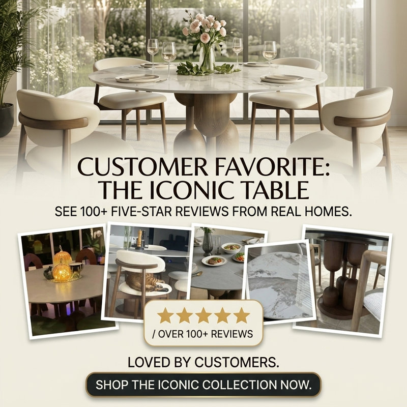 Amberly Luxury Modern Round Sintered Stone Dining Table Solid Wood Pedestal Kitchen Table For 2-8, One-step Installation