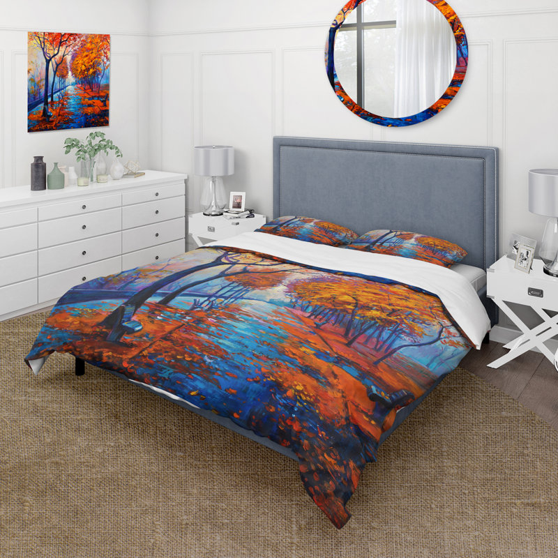 Petite route à travers le paysage d'automne orange III - ensemble de housse de couette traditionnel - microfibre de polyester