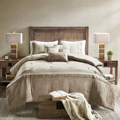 Édredon 7 pièces en faux suède brun clair - Literie de style chalet souple avec coussins brodés