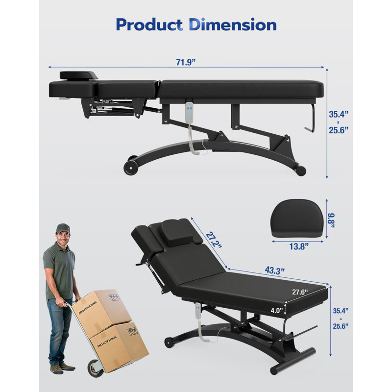 Table de massage électrique noire professionnelle avec roulettes, dossier réglable hydraulique et accoudoirs rabattables, capacité de 550 lb