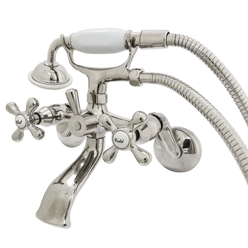 Robinet de baignoire sur pattes à deux poignées et à deux trous avec pomme de douche à main Kingston Brass, Nickel poli