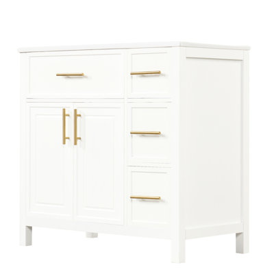 Meuble-lavabo 36 po avec lavabo en bois massif 36 po, 2 portes, 3 tiroirs, blanc, céramique blanche Scratch, tiroirs