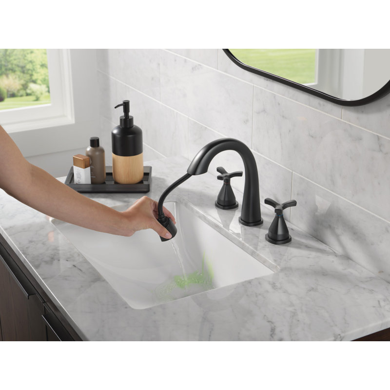 Stryke 3-Hole Widespread Pull Out Sprayer Bathroom Faucet, 2-Handle Bathroom Sink Faucet, Matte Black