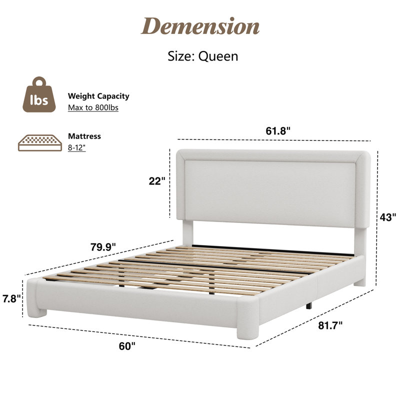 Boucle Bed Frame,Upholstered Bed Frame With Headboard, Surface Cover Soft Cloud Bed Frame Easy Assembly, No Box Spring Required