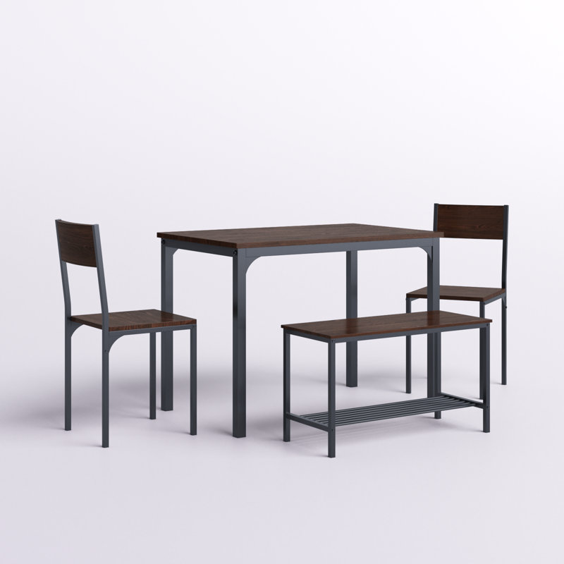 Pickell 4-Person Dining Table Set, 2 Chairs With Backrest,2-Person Bench With Storage Rack, Walnut