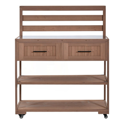 62.3" Patio Kitchen Island Solid Wood Cart with Stainless Top, 2 Drawers & Raised Shelf (Brown)