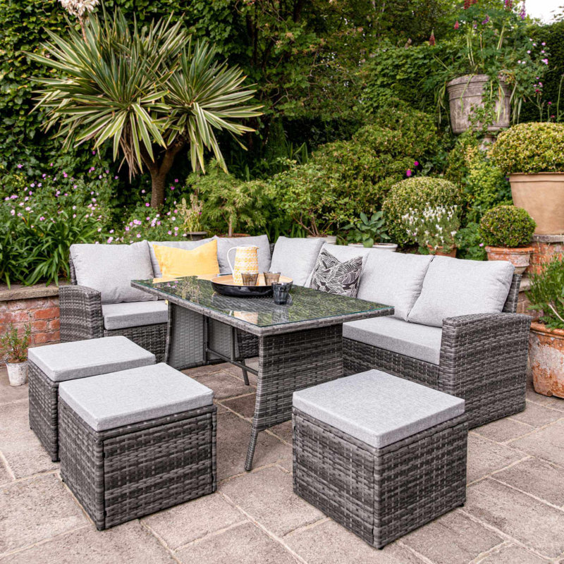 Bernardina Rattan 9 - Person Seating Group with Cushions and LED Premium Parasol, Cream, Grey