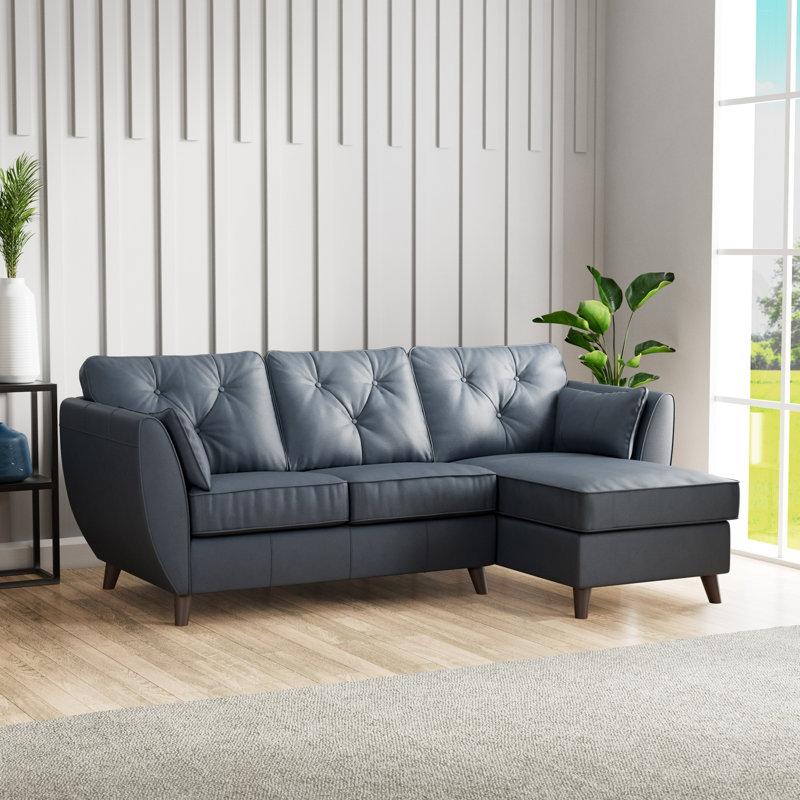 Hoxton 3 Seater Leather Maxi Sofa Chaise, Navy, Right Hand Facing, Dark Wood