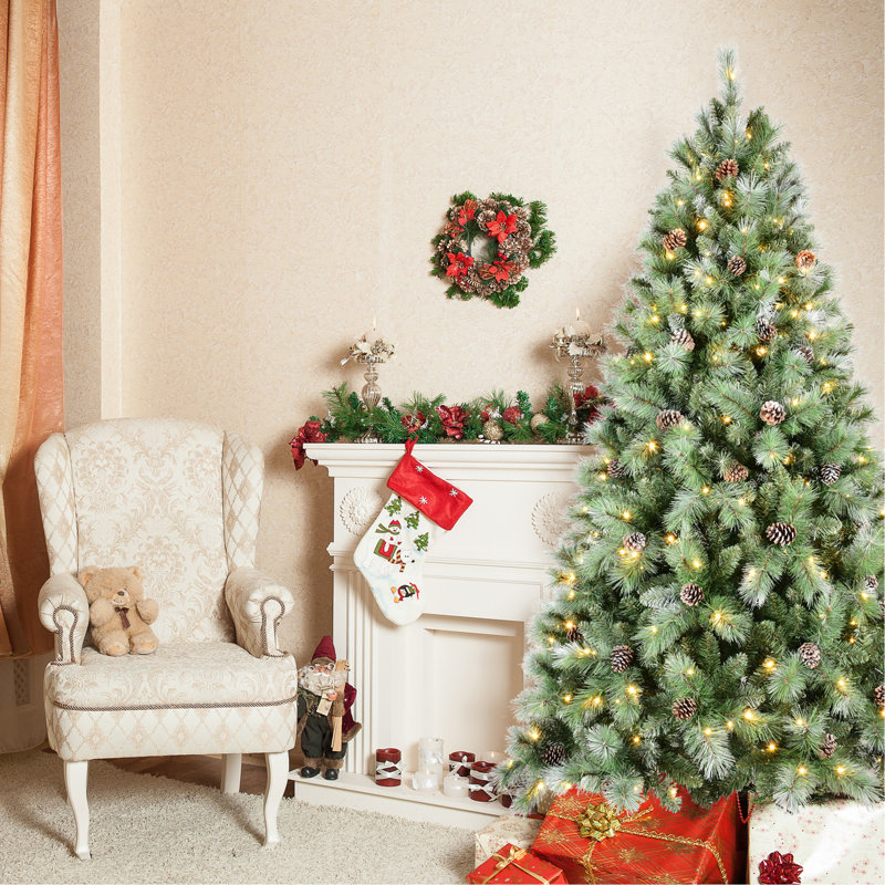 Arbre de Noël de 90 pouces de haut, 92 branches de pin, 1588 et aiguilles à branches dures, branches à charnières pour un assemblage facile, base en métal robuste, largeur de 56,16 po, arbre de vacances de poids de 36,97 lb avec des pointes d'aiguille,