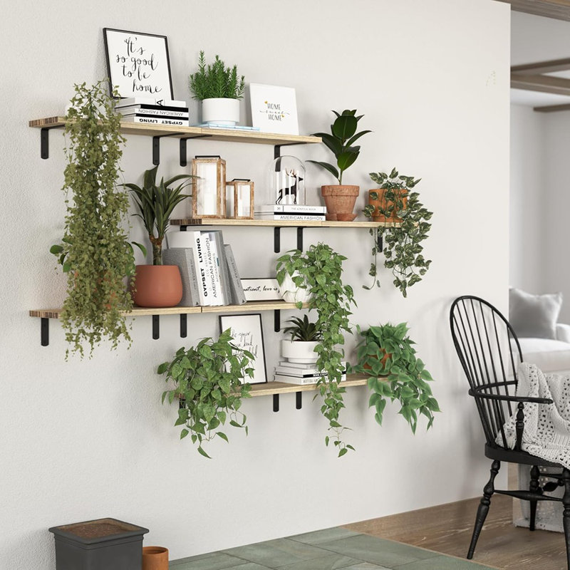 Ensemble de 8 tablettes flottantes murales flottantes en bois brun rustique pour la chambre à coucher, la salle de bain, le salon et la cuisine