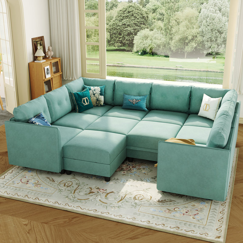 Mizuho Upholstered L-Shaped Sectional, Teal Green Faux Leather