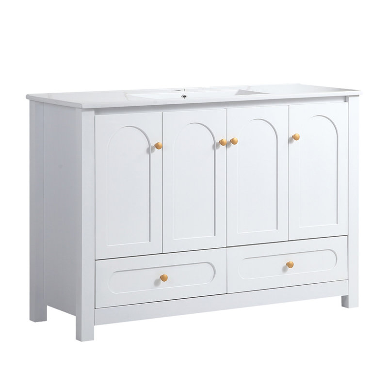 Meuble-lavabo de salle de bain avec lavabo en céramique, armoire de rangement avec 2 tiroirs et 4 portes à fermeture en douceur