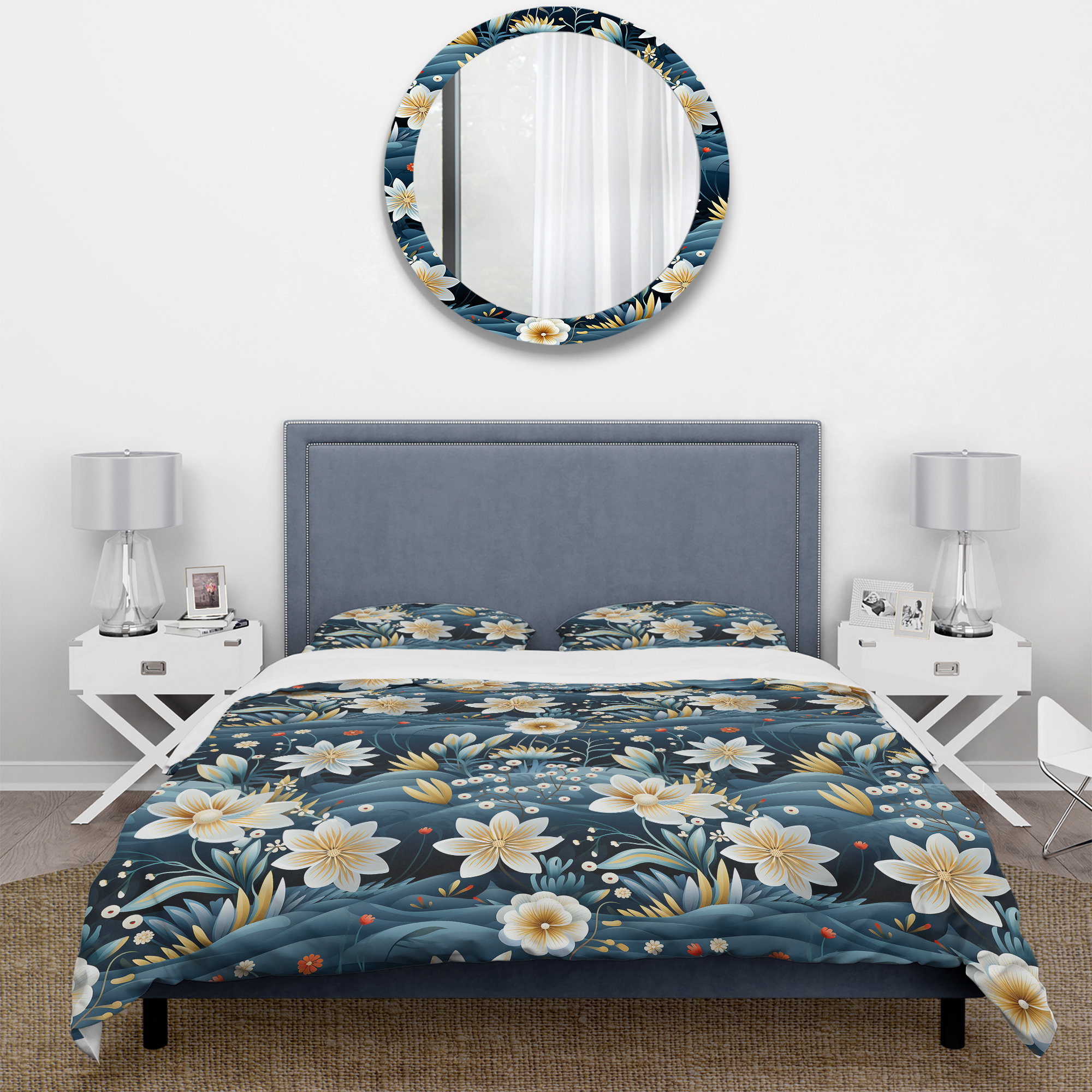 Design Art Beige And Teal Coastal Floral Tranquility - Floral Duvet ...