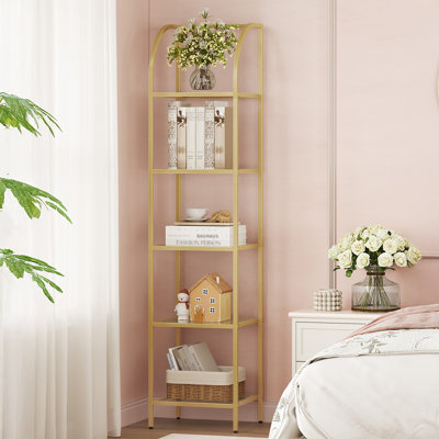 Bookcase Bookshelf, Tempered Glass Arched Bookshelf for More Storage, Slim Shelving Unit for Bedroom, Bathroom, Home Office, Steel Frame, 5 Tier Gold