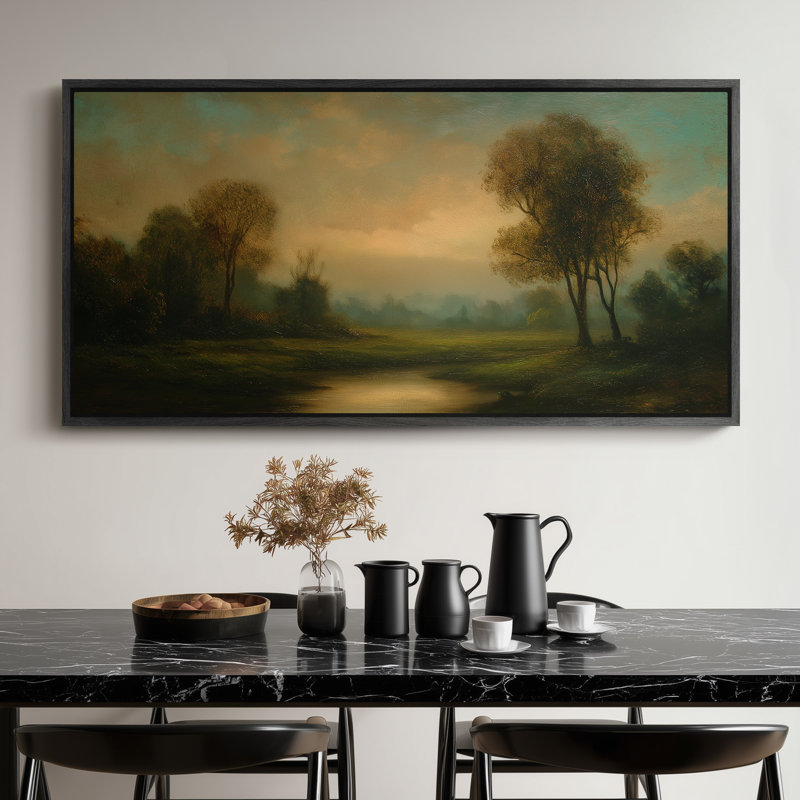 Impression sur toile encadrée, "Extra Large Warm Sunset Meadow Landscape Nature Scene", Noir, H 30 po x l 60 po