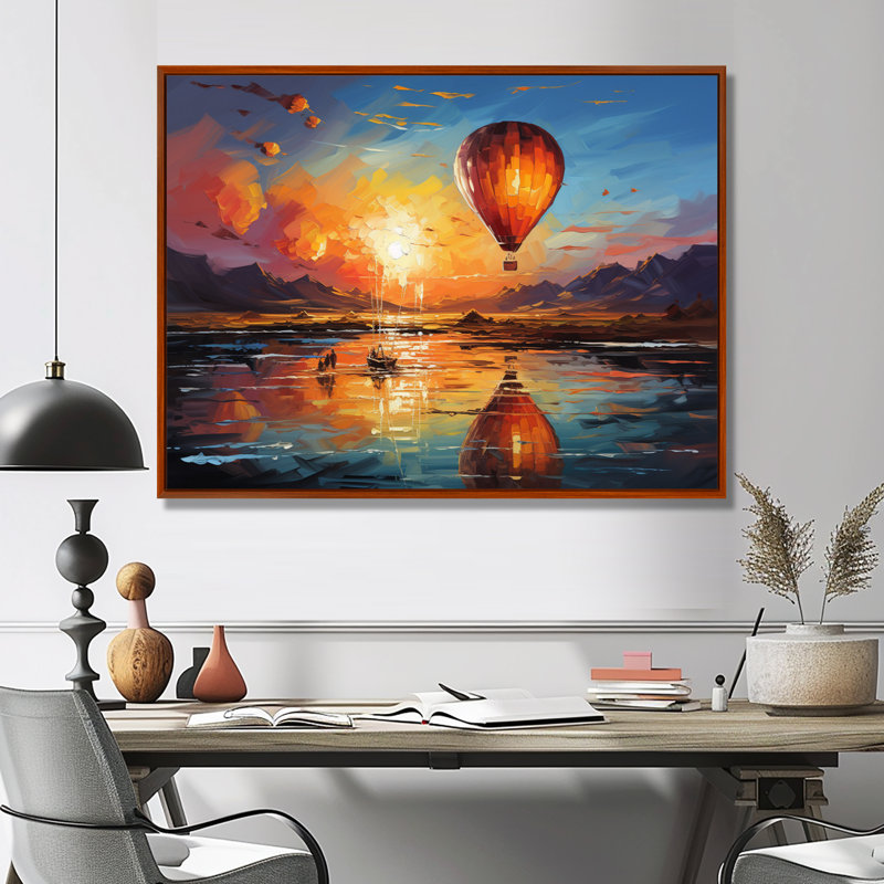 Jaune, montgolfière impressionniste - montgolfière, art mural, Cadre flottant érable, H 12 po x l 20 po x P 1 po