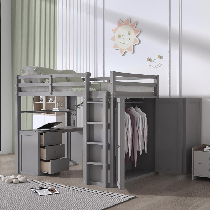 Lit mezzanine double avec tiroirs Alvara Kids, gris