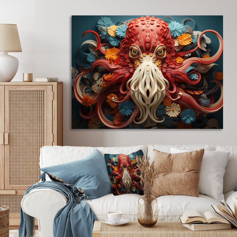 Squid Enigmatic Cephalopod Geometric I - Animals Wall Decor, Toile tendue, 16" H x 32" W