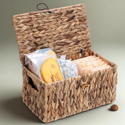 Lidded Storage Basket With Lid, Handwoven Water Hyacinth Organizer Bin For Bathroom, Vanity, And Countertop, Farmhouse Decorative Box For Toilet Paper, Towels, And Personal Items