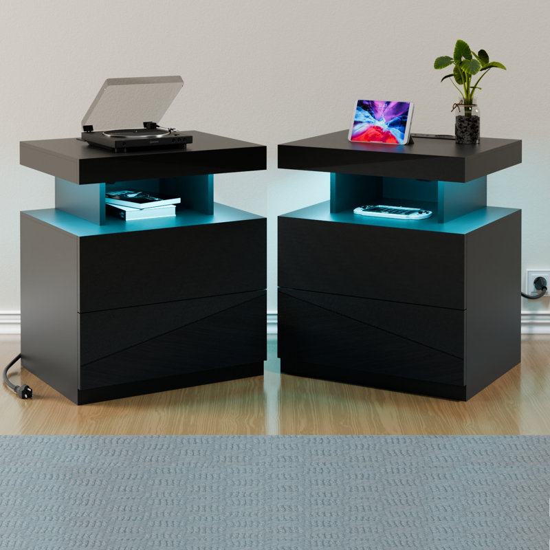Modern Nightstand With Wireless Charging Station And LED Light ( Set Of 2 ), Black