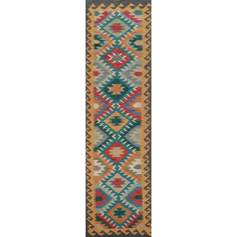 Tapis de couloir oriental géométrique en laine Kilim 3 x 13