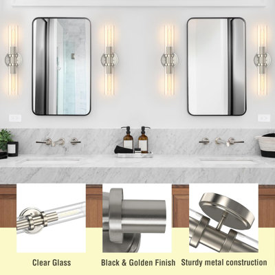 Modern Bathroom Vanity Light Fixture With Glass Shades, Brushed Nickel Finish, 2-Light Wall Sconce For Over Mirror Installation, Dimmable Industrial Lighting