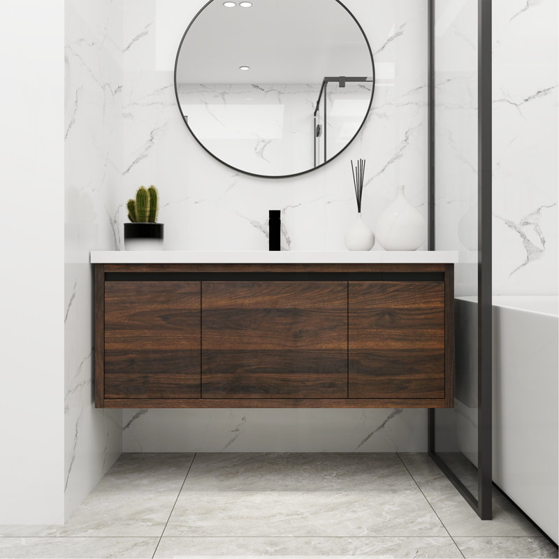Armoire de salle de bain 48 po avec lavabo, portes et tiroir à fermeture en douceur, montage flottant, 48 po x 18 po, Noyer