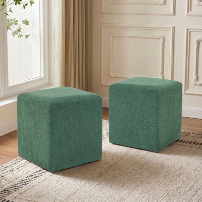 Modern Square Upholstered Ottoman with Solid Wood Frame Set Of 2