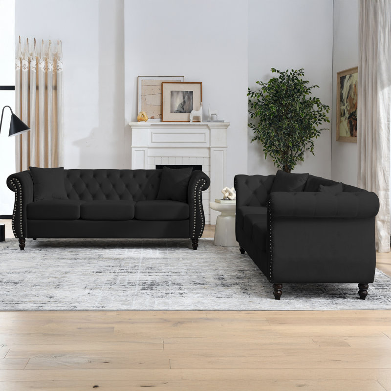 2Pcs 3 Seater 80" Chesterfield Sofa Velvet, Black