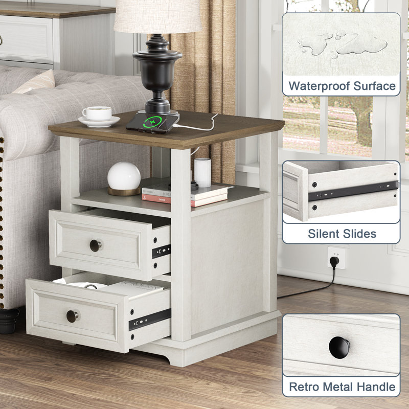 Azella Frame 2 End Table Set with Storage and Built-In Outlets, Brown Top/White Base