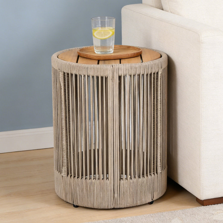 Table d'appoint d'extérieur en bois de rotin, Teck et beige