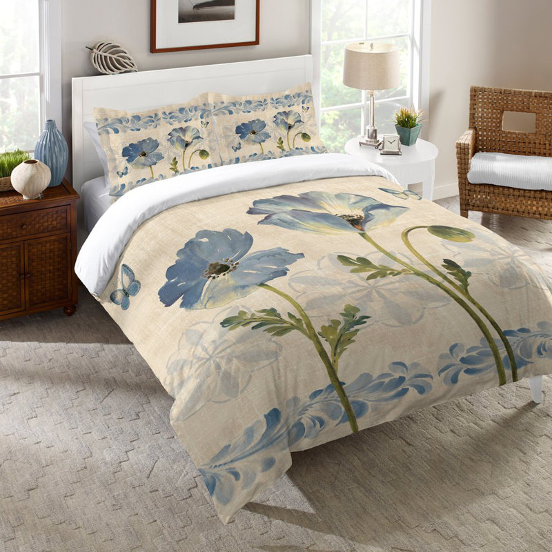 Indigo Watercolor Poppies Cotton Floral Sham Set