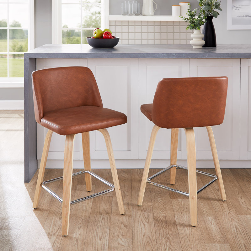 Arabelle Swivel Upholstered Faux Leather Counter Stool, Natural/Chrome