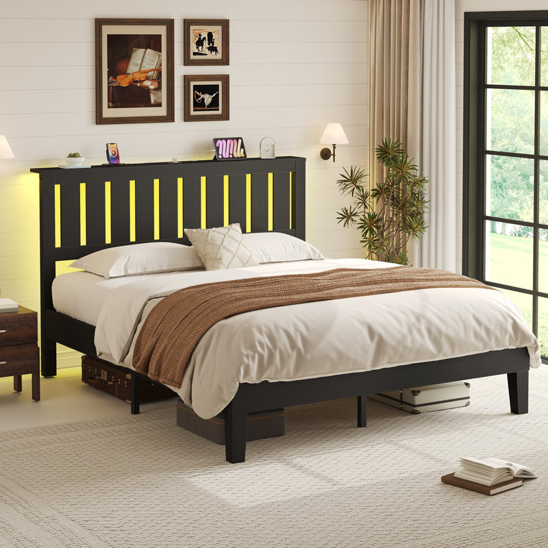 Solid Wood Platform Bed Frame with Headboard, LED Lights & USB Charging Ports, Solid Wood, Queen, Black