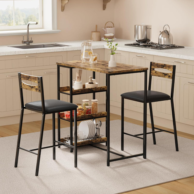 Ensemble de table de cuisine 3 pièces, table de salle à manger 36 "avec tablettes de rangement et 2 chaises rembourrées, brun rustique