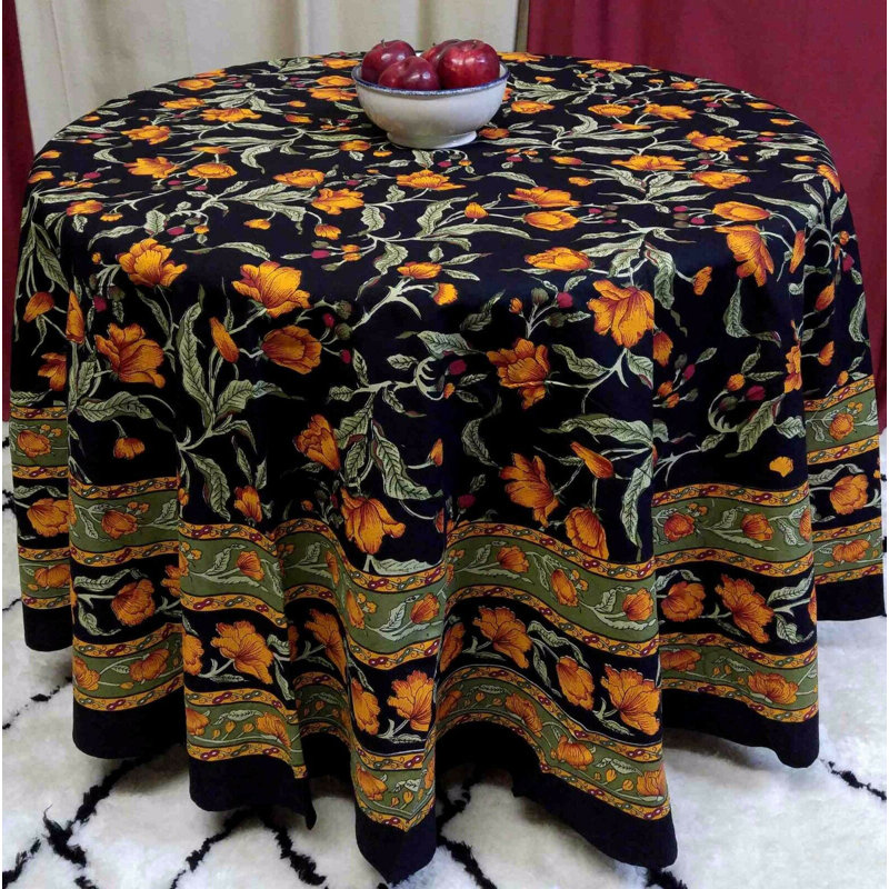 Grinnell French Floral Cotton Tablecloth, Black Amber, 90" Round