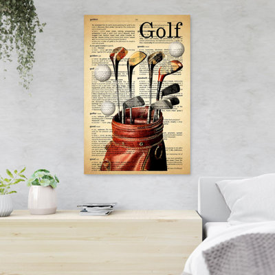 Paquet de bâtons de golf sur golf - vieux "papered" - 1 reproduction d'art graphique sur toile tendue