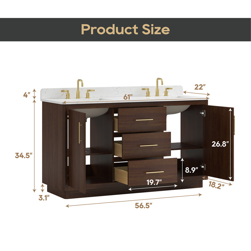 Meuble-lavabo sur pied à simple cuve 60 po avec comptoir en pierre artificielle Juska, 61"