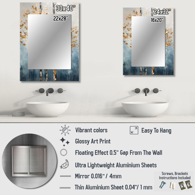 Or et bleu Harmony III - grand miroir, miroir mural décoratif traditionnel, impression sur métal, 32 po x 24 po