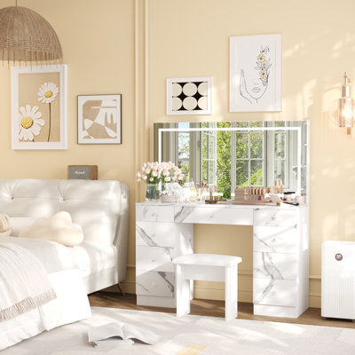 47"W Glass Top Vanity Set With LED Mirror & Power Outlets, 9 Drawers With Diamond Handles