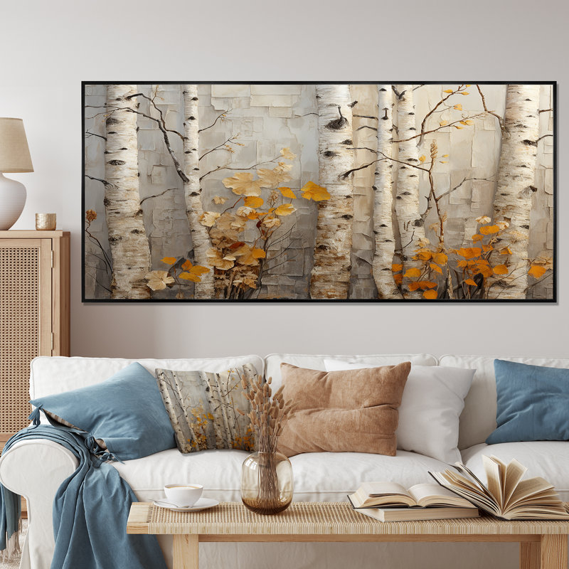 Élégance de bouleau d'automne - art mural grand arbre, Cadre flottant noir, H 28 po x l 60 po x P 1,5 po