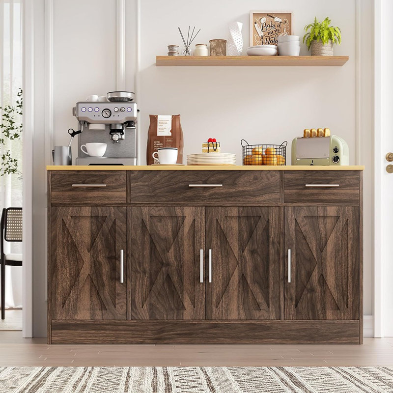 53" Large Sideboard Cabinet, 4 Doors & 3 Drawers, Rustic Brown