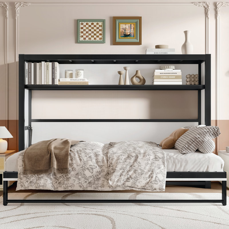 Murphy Bed with Shelves, Metal Wall Bed with Foldable and Space-saving Design, Blanc cassé