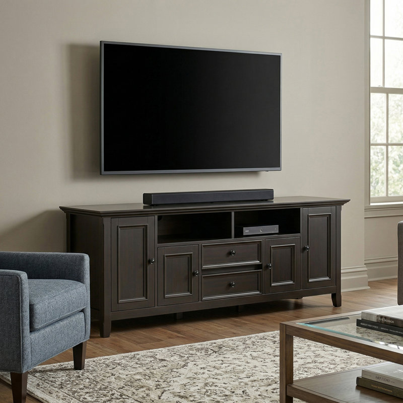 Amherst 72"W Solid Wood Transitional TV Stand for TVs up to 80" with 2 Cabinets, 2 Drawers, and Adjustable Shelves
