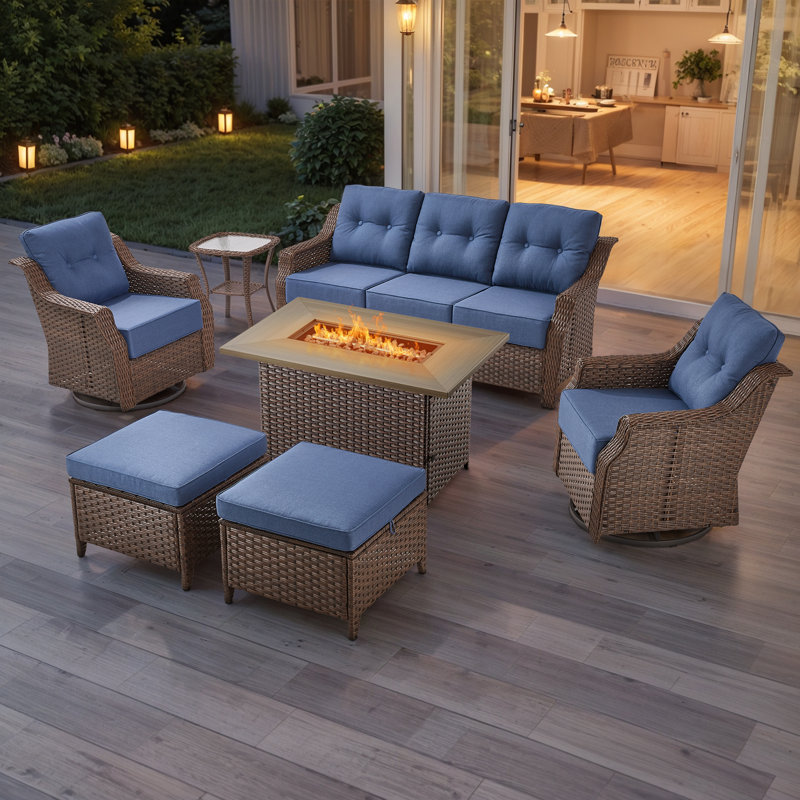 Acton 7 - Pieces Outdoor Wicker Sofa Seating Group With 6" Thick Cushions, Ottomans And Fire Pit, Blue