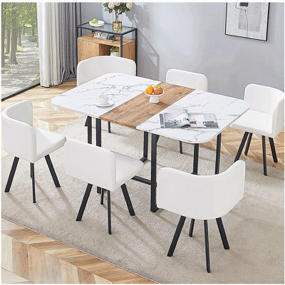 Modern Minimalist Style MDF Marble Pattern Joinery Dining Table with PU Leather Dining Chairs Six-piece Set, suitable for modern minimalist, Nordic, or industrial styles.
