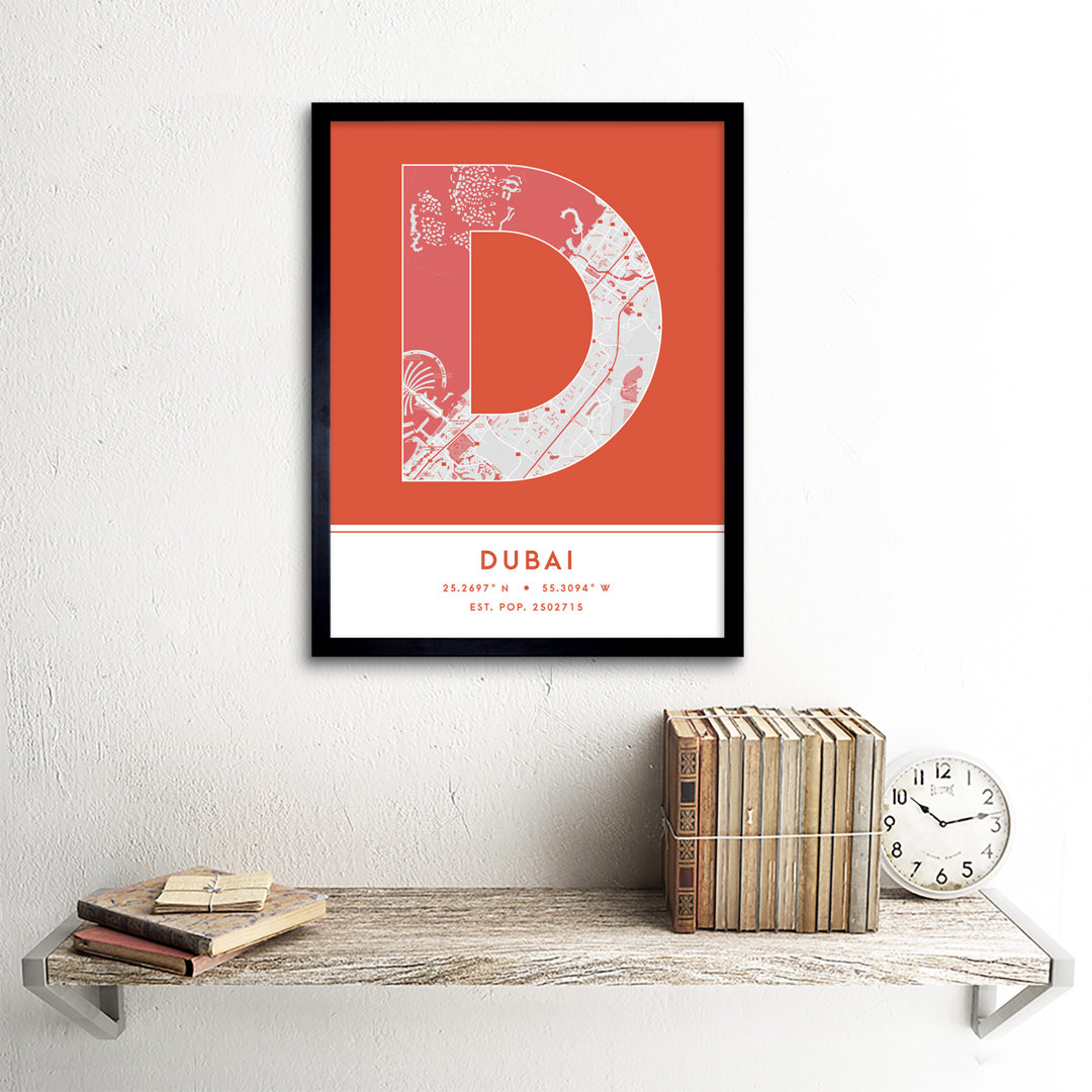 Dubai City Map Dubai Orange by Wee Blue Coo - Single Picture Frame Typography