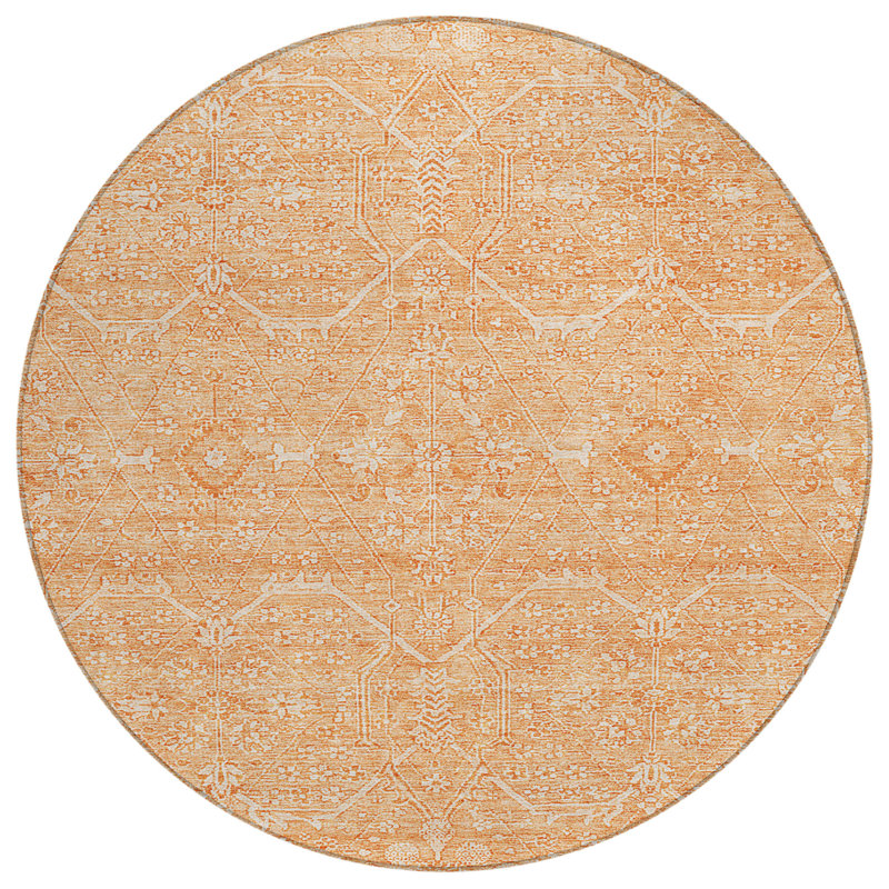 8' Salmon Round Floral Washable Indoor Outdoor Area Rug