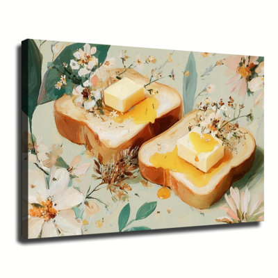 Toast fantaisiste beurré avec des fleurs, grande impression sur toile tendue avec châssis pour salon et chambre à coucher